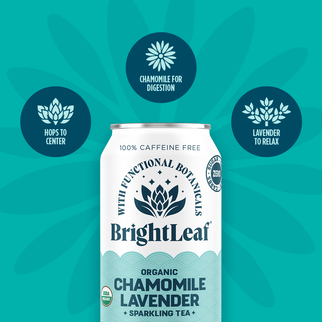 BrightLeaf Organic Chamomile Lavender Sparkling Tea can on a teal background with botanical icons.