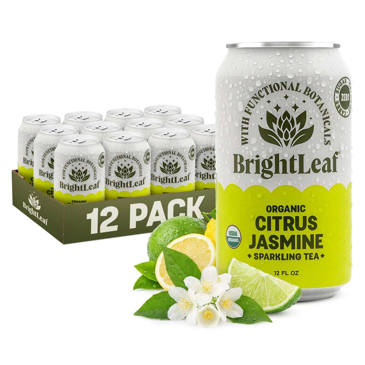 BrightLeaf Organic Citrus Jasmine Sparkling Tea can and 12-pack box on a white background