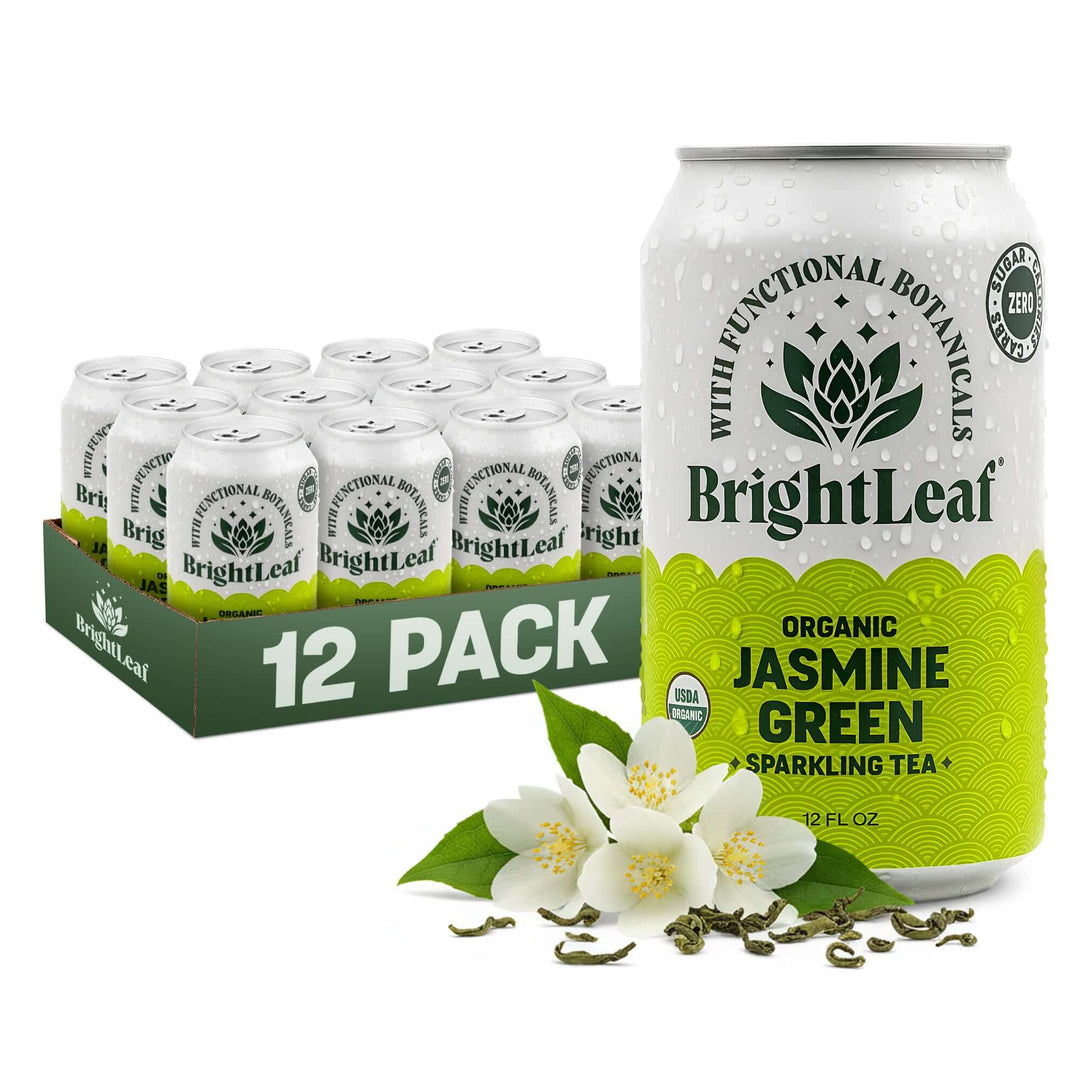 BrightLeaf Organic Jasmine Green Sparkling Tea can and 12-pack box on a white background
