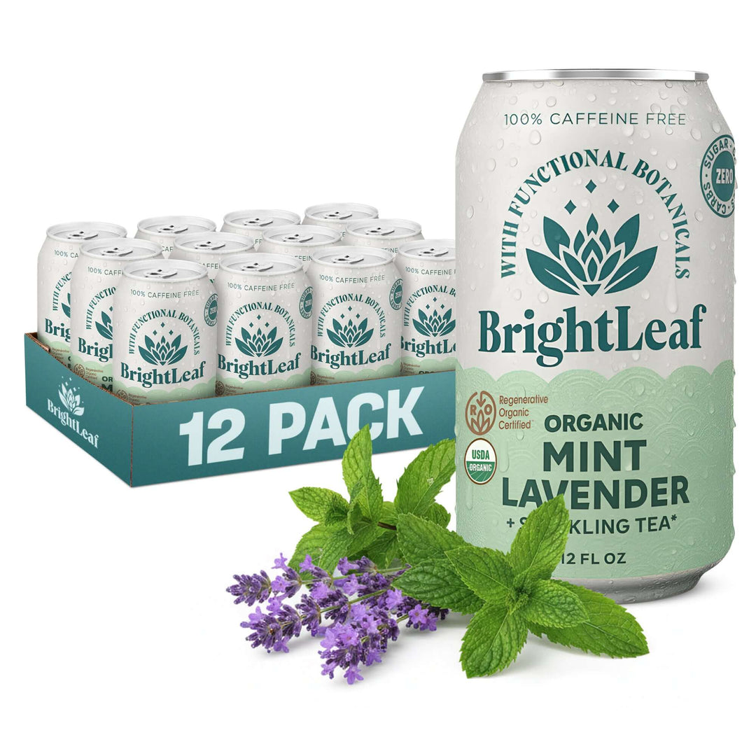 12-pack of BrightLeaf Organic Mint Lavender sparkling tea with a single can displayed.